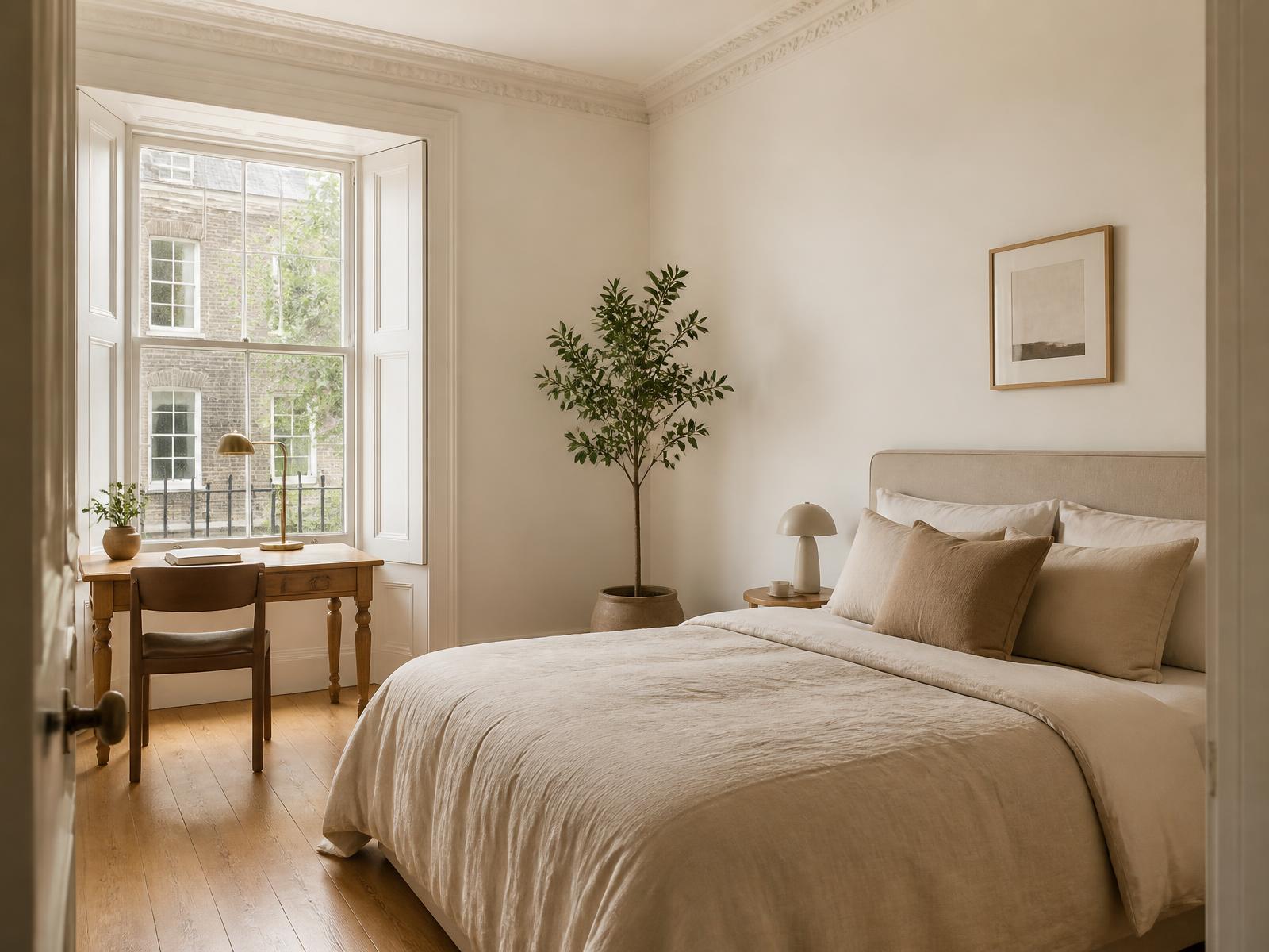 A freshly made spare bedroom with a desk beside a tall window